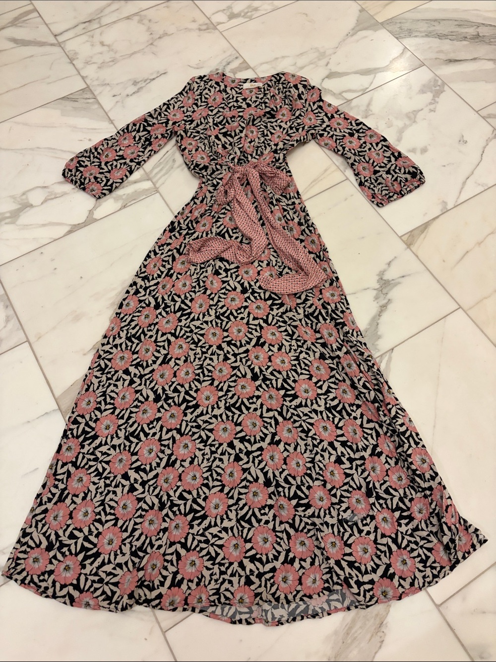Pink Floral Maxi Dress with Self-Tie Waist II Rita Mennola size 6